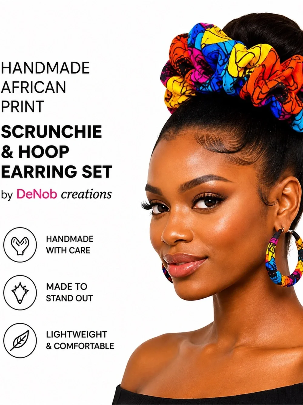 Handmade African Ankara Print Scrunchie & Hoop Earring Set | Blue Big Flower